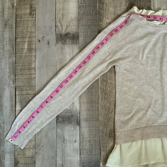 Hinge Oatmeal Beige Lightweight Cotton Blend Sweater Silk Ruffle SZ S - Picture 8 of 8
